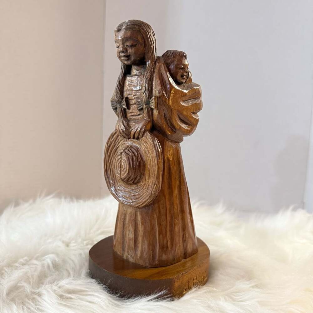 Jose Pinal Signed Mexican Hand Carved Wood Mother and Child Sculpture 9”